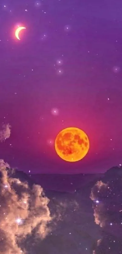 Purple night sky with moon and stars, creating a dreamy cosmic landscape.