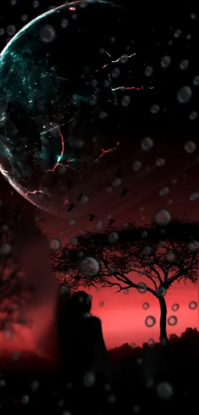Ethereal night scene with cracked moon and silhouetted trees on crimson background.