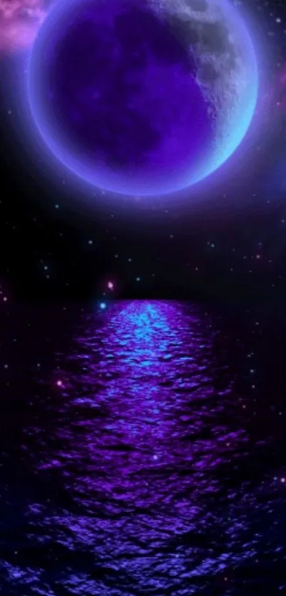 Purple moon reflecting over night ocean scenery.