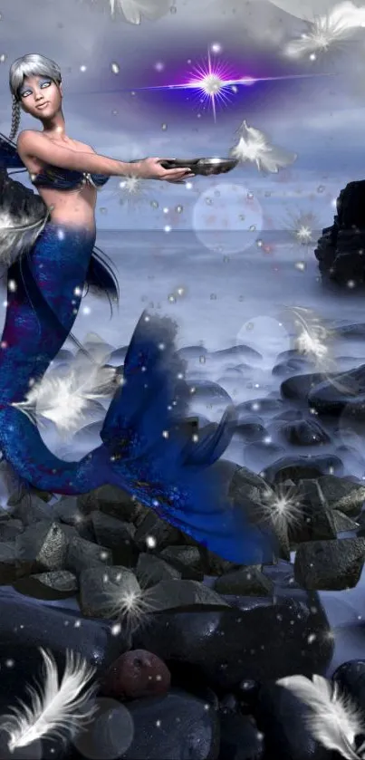 Ethereal mermaid in a mystical ocean scene with feathers and dark blue hues.