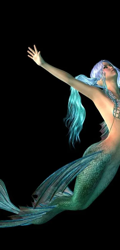 Ethereal mermaid floating on dark background, vibrant fins.