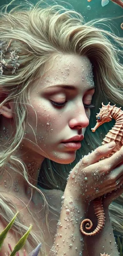 A mystical mermaid gently holds a seahorse in an underwater scene.