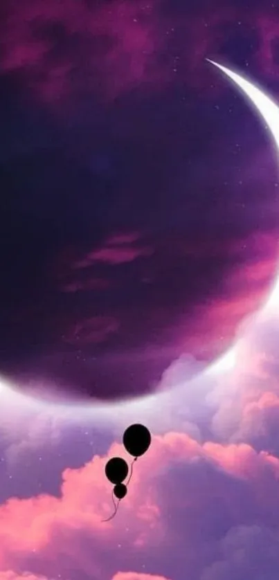 Ethereal crescent moon with purple clouds background.