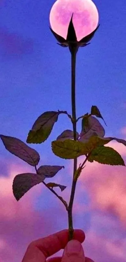 A glowing moon forms a rose on a twilight sky background in this phone wallpaper.