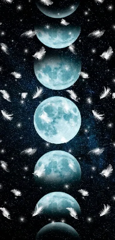 Mobile wallpaper of blue moon phases with feathers on a starry black background.