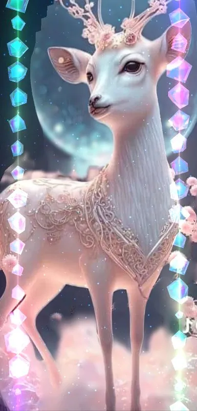 Ethereal deer under moonlight with pastel accents and a mystical glow.