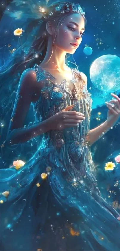 Ethereal fantasy art of a mystical woman under moonlight with glowing flowers.