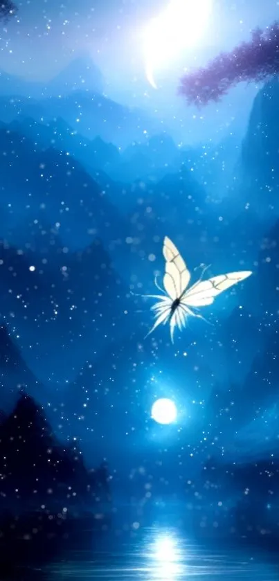 Mystical blue wallpaper with a butterfly under a moonlit sky and serene ambiance.