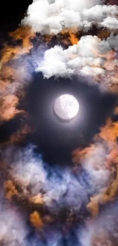 Luminous moon and swirling clouds in a mystical sky wallpaper.