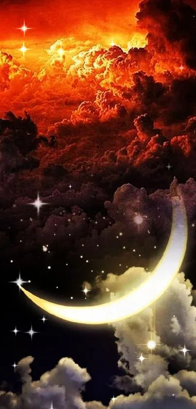 Glowing crescent moon with vibrant clouds.