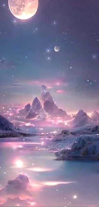 Ethereal landscape under a glowing moon with dreamy, purple skies.