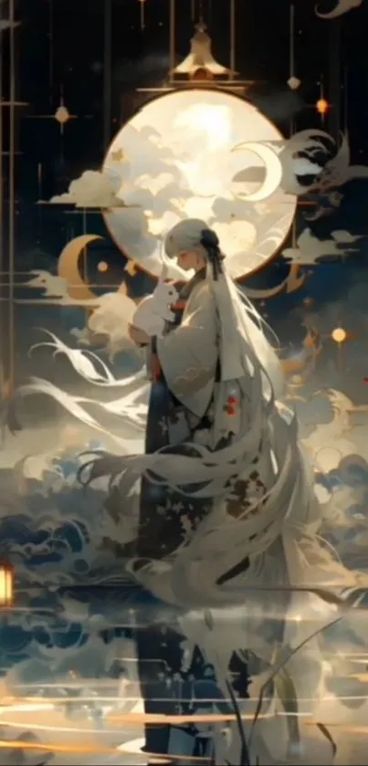 Anime character embracing mystical moonlit fantasy.