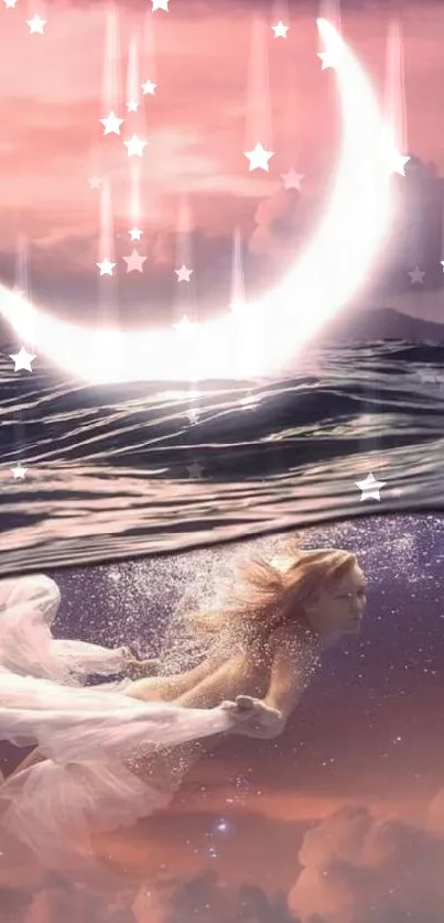 Ethereal fantasy scene with moonlit water and mystical figure underwater.