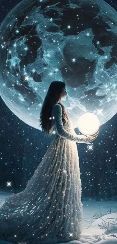 A magical night scene with a woman holding a glowing orb under a full moon.