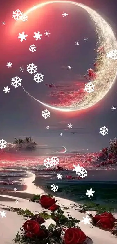 Ethereal landscape with crescent moon and red roses under a glowing sky.