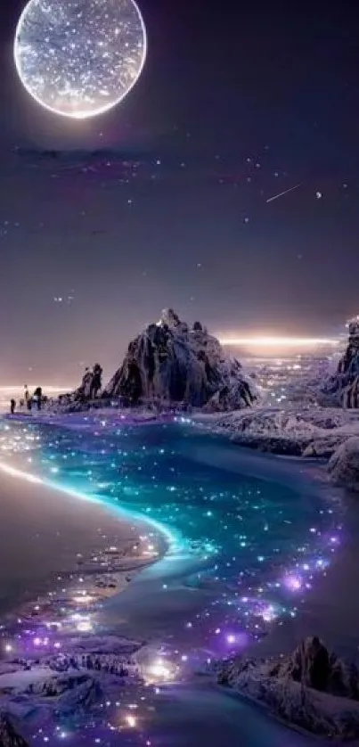 Ethereal moonlit landscape with icy mountains and glowing night sky.