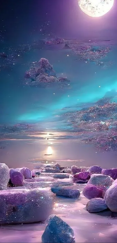 Ethereal moonlit landscape with colorful stones and vibrant sky.