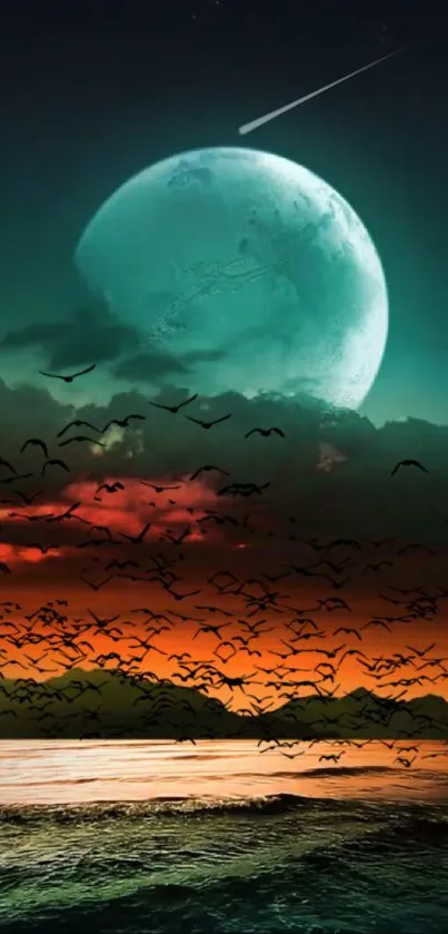 Mobile wallpaper of a mystical moonlit landscape over a serene ocean and colorful sky.