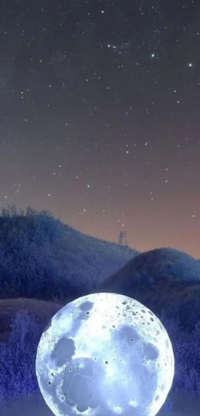 Serene night scene with glowing moon and stars illuminating a dark landscape.