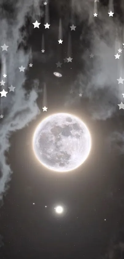 Ethereal moonlit night sky wallpaper with glowing moon and mystical clouds.