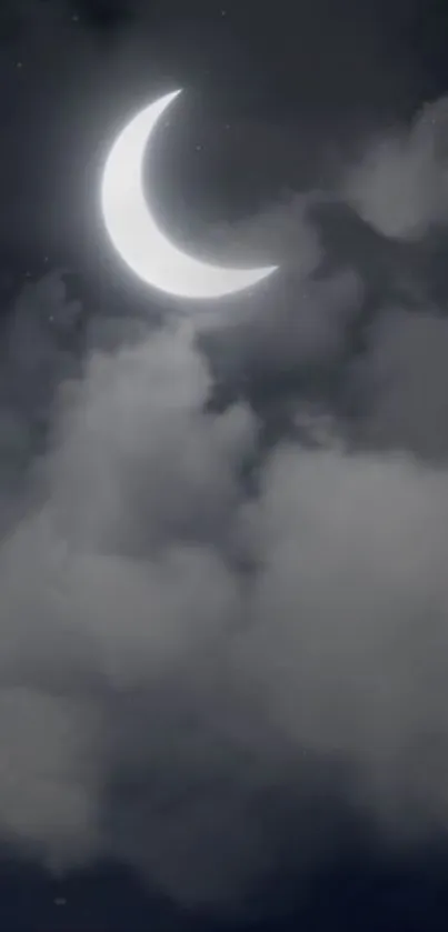 Crescent moon with clouds night sky wallpaper.