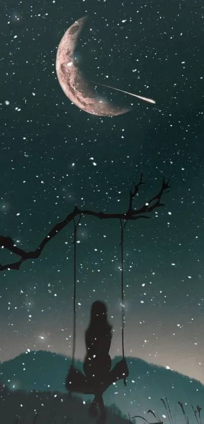 Silhouette on swing under starry sky with moonlight.