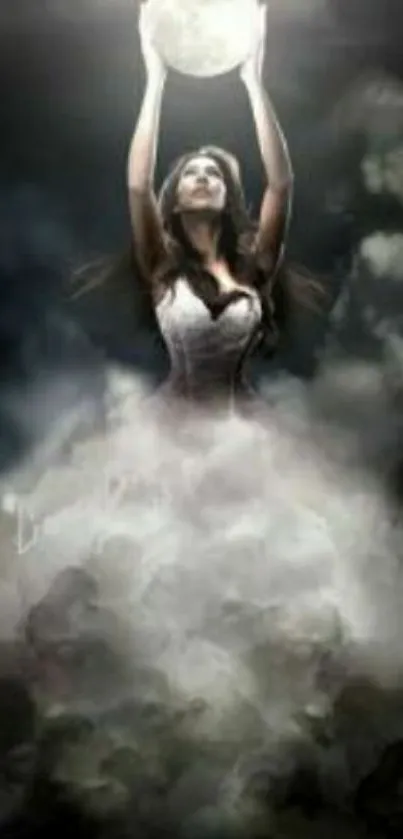 Mystical woman reaches for moon among clouds in dark sky wallpaper.