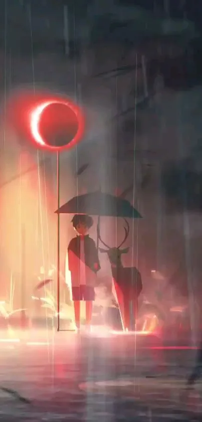 Surreal moonlit rain scene with umbrella and deer.