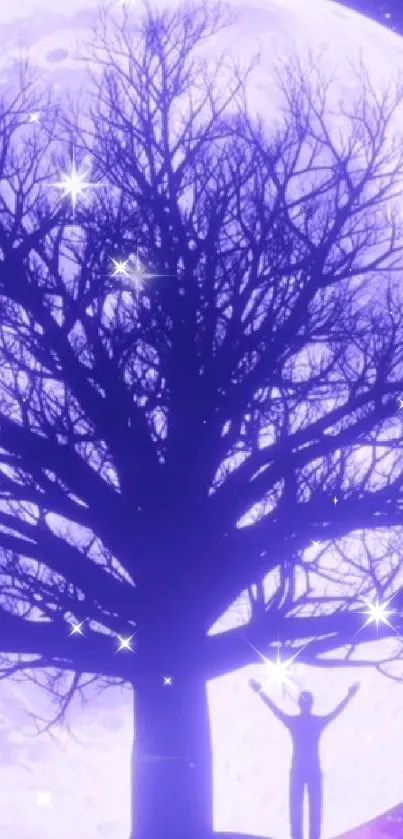 Silhouette of tree against bright moon with stars, creating a mystical scene.