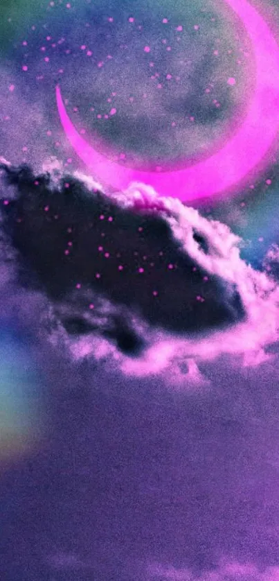 Ethereal crescent moon in a purple night sky.