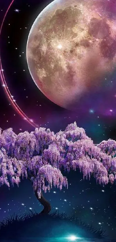 Mystical tree and moon scene in vibrant purples and blues.