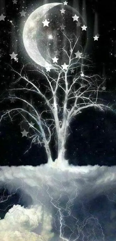 Mystical moonlit tree growing from clouds at night.