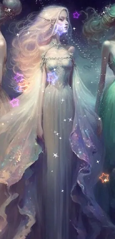 Ethereal moonlit trio in fantasy artwork with celestial theme.