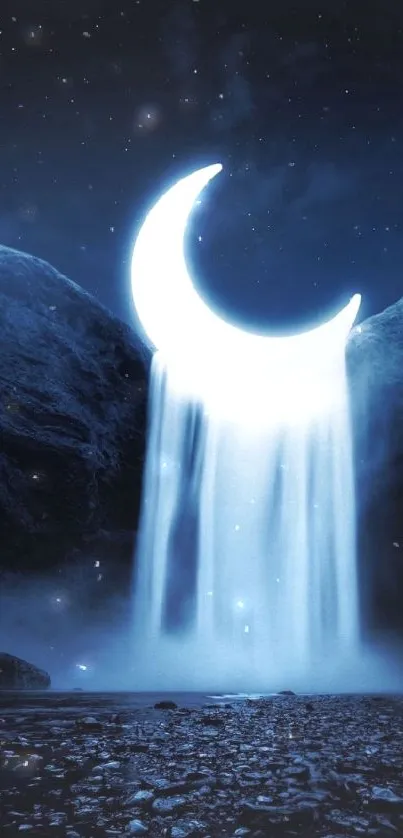 A crescent moon transforms into a waterfall under a starry night sky.