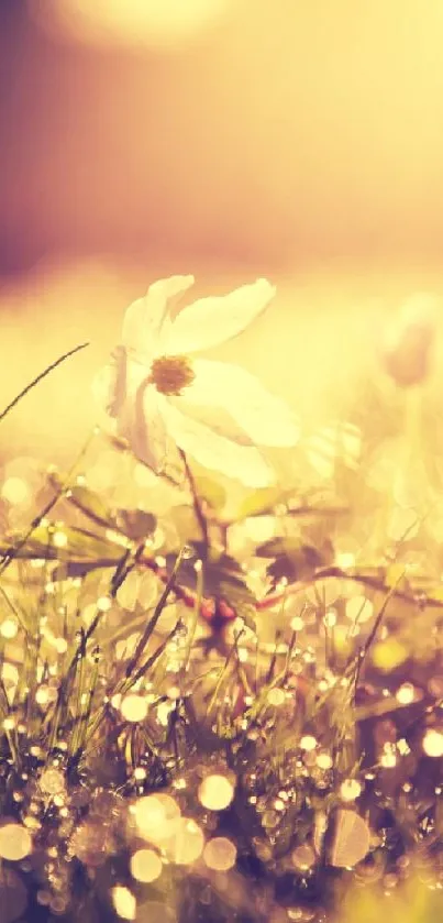 Golden sunlight illuminating a dewy meadow with delicate white flowers.