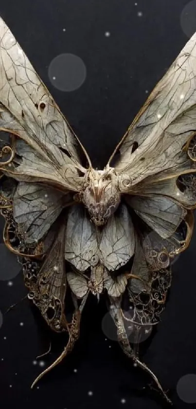 Ethereal moth with ornate wings on a dark background, ideal for phone wallpaper.