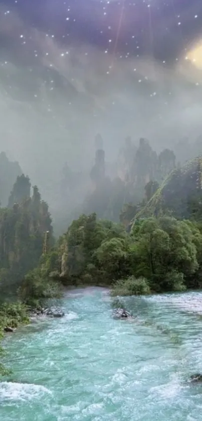 Ethereal mountain river under a starry, twilight sky.