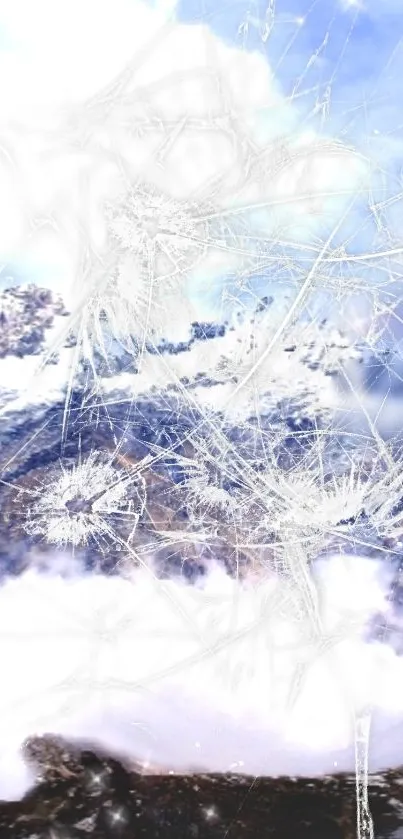 Snowy mountain scene with ethereal sky.