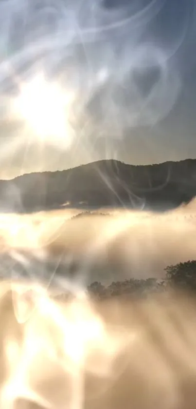 Ethereal sunrise with mist over mountains and trees