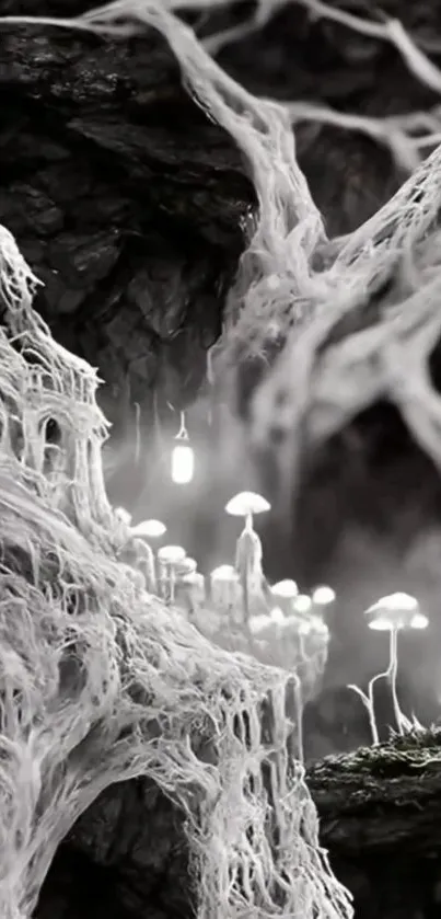 Monochrome cave with glowing mushrooms.