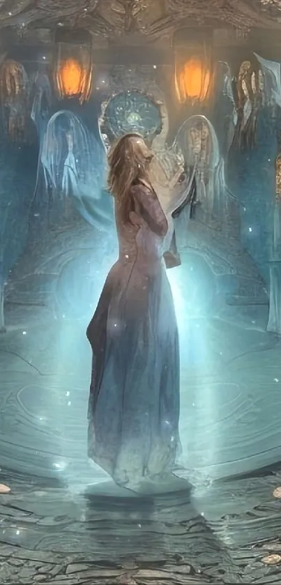 A mystical woman in a glowing magical chamber with ethereal elements.