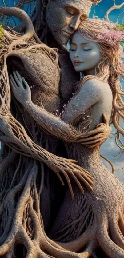 Artistic nature spirits embrace in imaginative wallpaper.