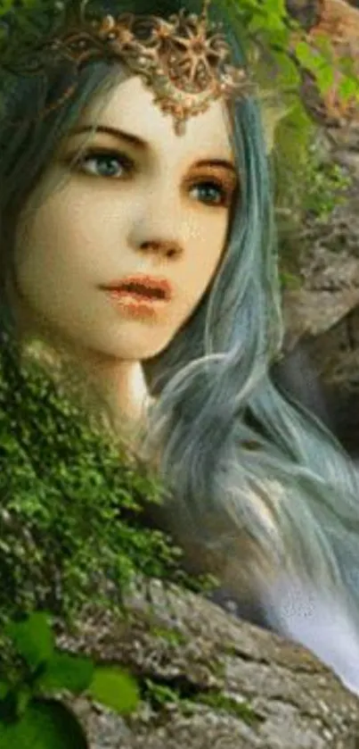 Mystical goddess surrounded by nature, leafy green background.