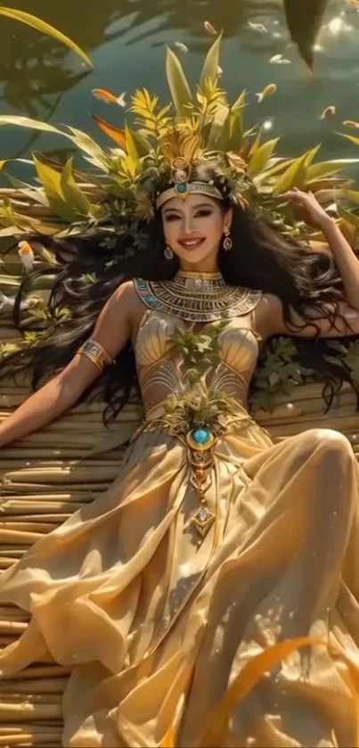 Nature goddess in a golden dress with leaf crown, relaxing in a serene setting.
