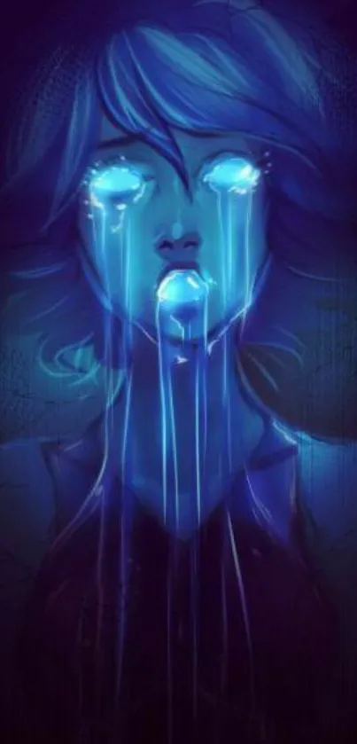 Mystical neon blue figure with glowing accents in digital art wallpaper.