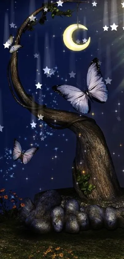 Ethereal tree with butterflies under a crescent moon.