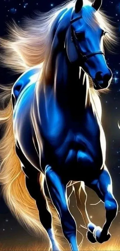 Luminous blue horse galloping under a starry night sky.