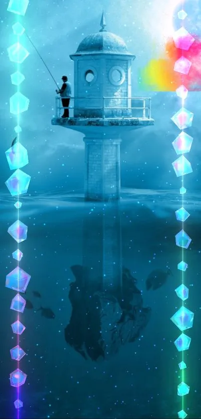 Dreamy lighthouse above dark ocean with moonlit background.