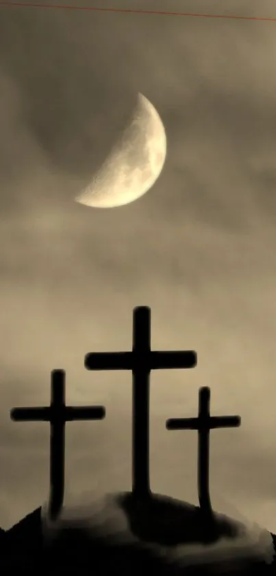 Ethereal night wallpaper with moon and crosses.