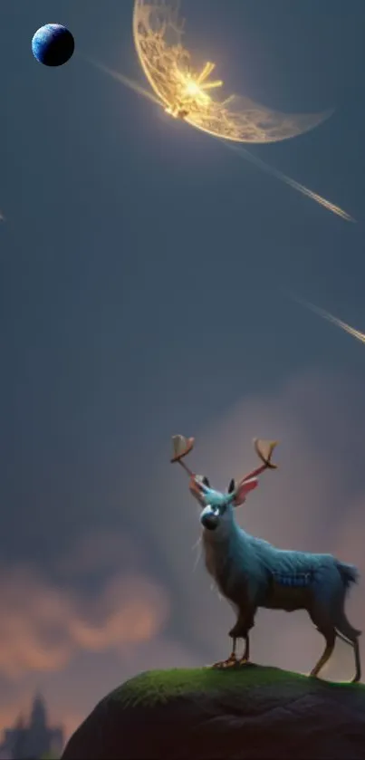 Mystical deer gazing at night sky with stars and crescent moon.